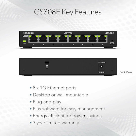 NetGear GS308E-400EUS v1 Unmanaged L2 Switch με 8 Θύρες Gigabit (1Gbps) Ethernet