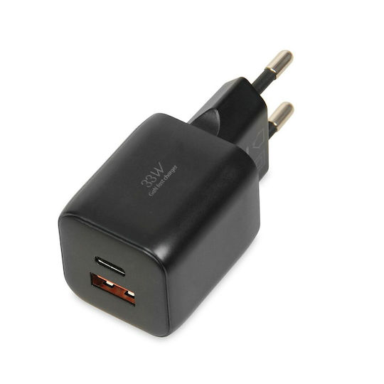 iBox Φορτιστής GaN με Θύρα USB-A και Θύρα USB-C και Καλώδιο USB-C - USB-C 33W Power Delivery / Quick Charge 3.0 Μαύρος (C-42)