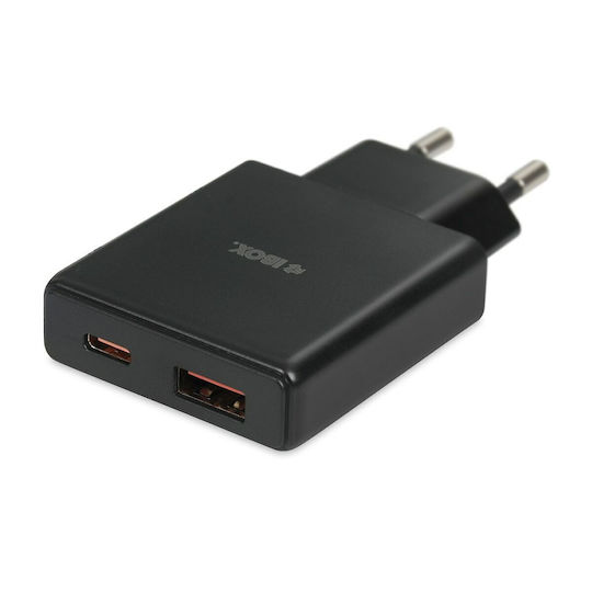 iBox Ladegerät ohne Kabel GaN mit USB-A Anschluss und USB-C Anschluss 30W Stromlieferung / Schnellaufladung 3.0 Schwarzs (C-43)