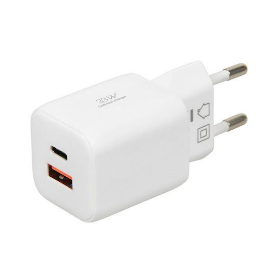 iBox Charger GaN with USB-A Port and USB-C Port and Cable USB-C - USB-C 33W Power Delivery / Quick Charge 3.0 Whites (C-42)