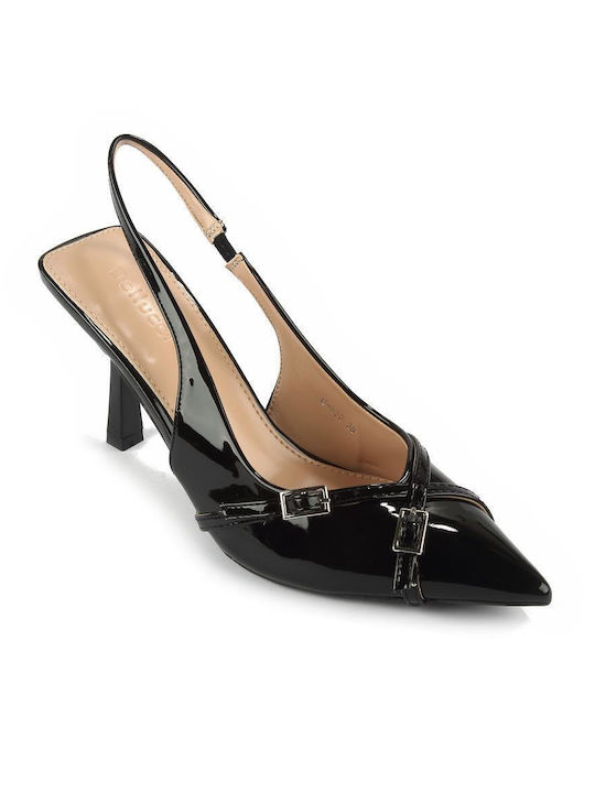 Fshoes Patent Leather Pointed Toe Black Heels with Strap