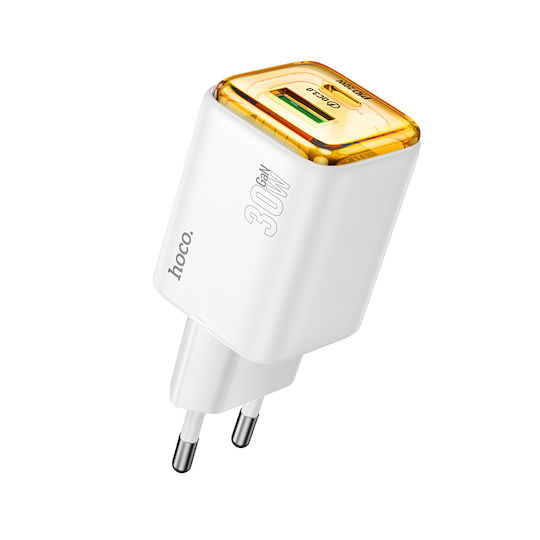 Hoco Φορτιστής Χωρίς Καλώδιο GaN με Θύρα USB-A και Θύρα USB-C 30W Power Delivery / Quick Charge 3.0 Λευκός (N53)