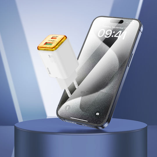 Hoco Φορτιστής Χωρίς Καλώδιο GaN με Θύρα USB-A και Θύρα USB-C 30W Power Delivery / Quick Charge 3.0 Λευκός (N53)