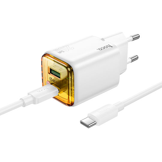 Hoco GaN с USB-A порт и USB-C порт и кабел USB-C - USB-C 20W Power Delivery / Quick Charge 3.0 Бял (N52)