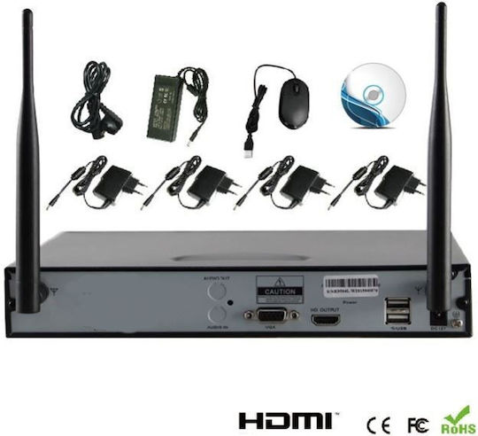Überwachungssystem 4 Kameras Drahtlose Kameras IP 720P mit Rekorder NVR & Festplatte 500GB