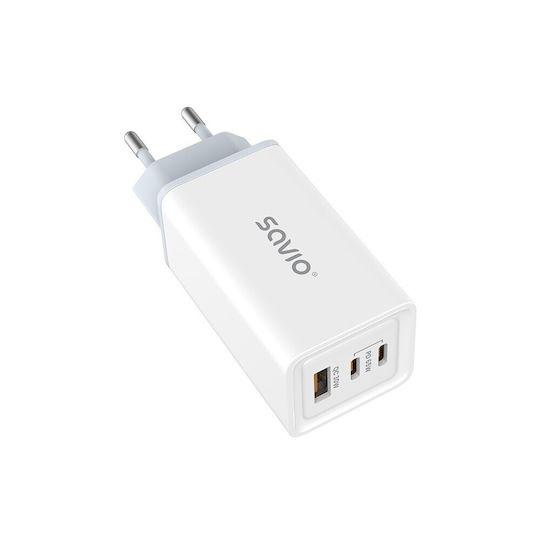 Savio GaN с USB-A порт и 2 USB-C порта и кабел USB-C - USB-C 65W Power Delivery / Quick Charge 3.0 Бял (LA-07)