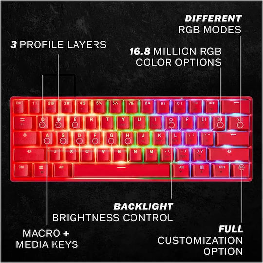 HK Gaming GK61 RGB Gaming Μηχανικό Πληκτρολόγιο 60% με Gateron Brown διακόπτες και RGB φωτισμό (Αγγλικό US) Κόκκινο