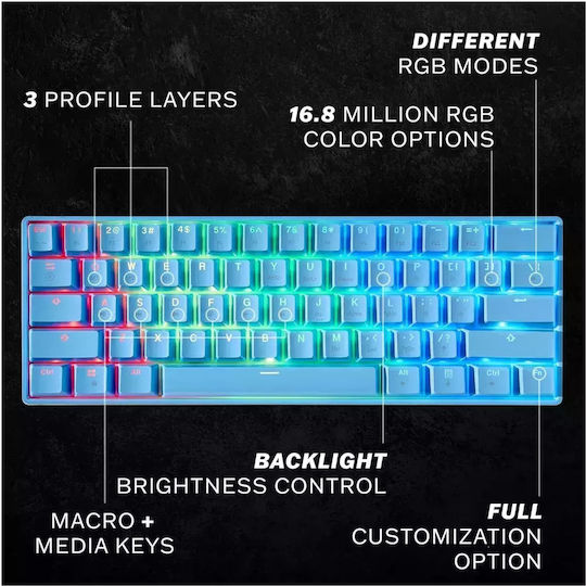 HK Gaming GK61 RGB Gaming Tastatură Mecanică 60% cu Gateron Brown comutatoare și iluminare RGB (Engleză US) Albastru