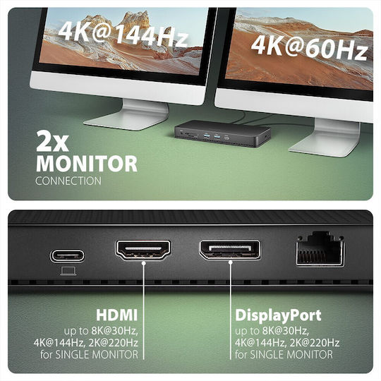 Axagon USB-C Dockingstation für Laptops mit HDMI/DisplayPort 4K PowerDelivery Ethernet und Verbindung für 2 Monitore Schwarz