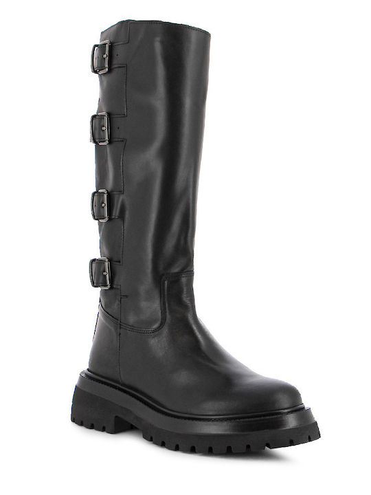 Leather Medium Heel Women's Boots with Zipper Black