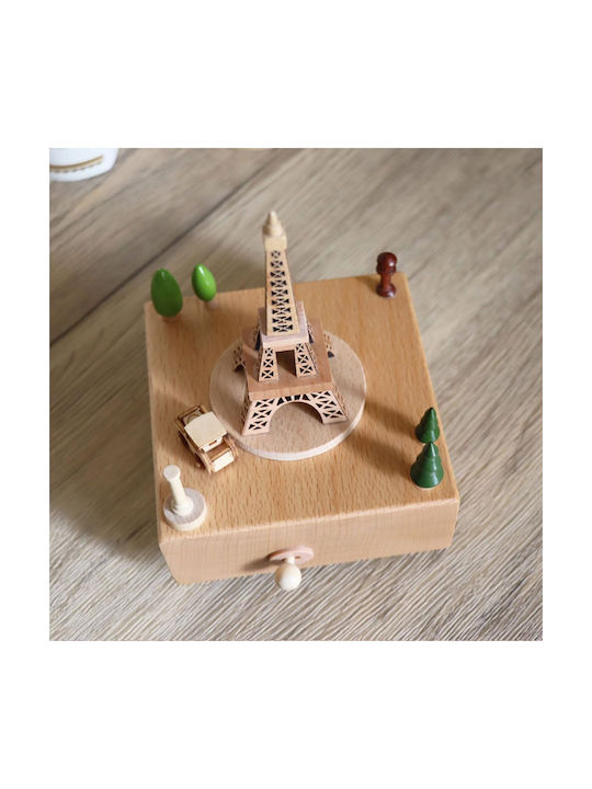 Wooden Tabletop Decorative Music Box Design Wind-up Eiffel Tower Carriage Trees Light Brown