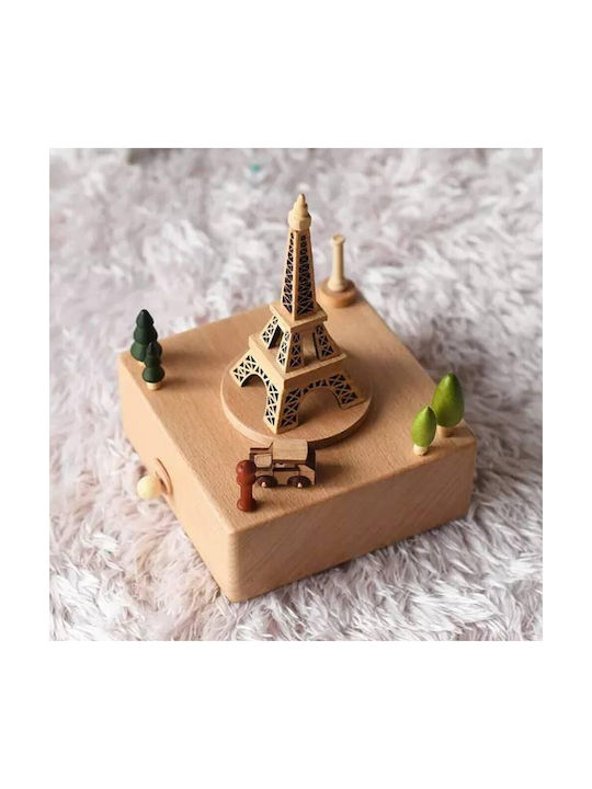 Wooden Tabletop Decorative Music Box Design Wind-up Eiffel Tower Carriage Trees Light Brown