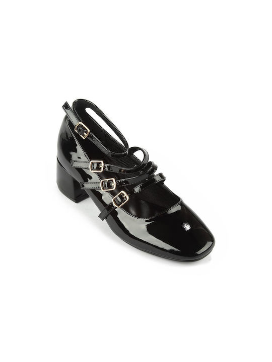 Fshoes Patent Leather Black Heels with Strap