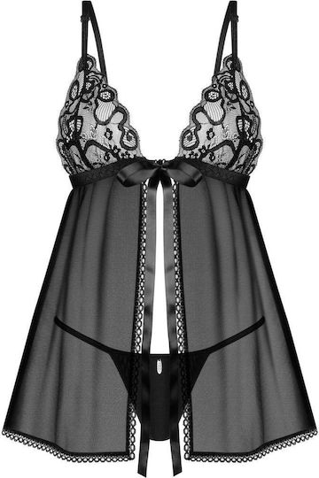 Obsessive Blomentis Set Sexy Nightgown with Lace and Transparency Black