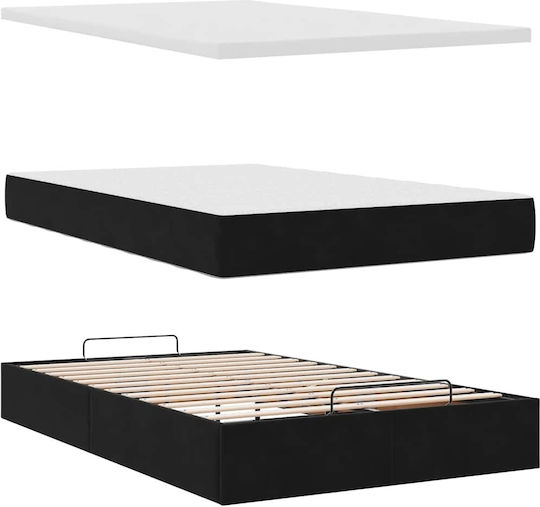 Semi-Double Bed Upholstered with Black Fabric with Storage Space Slats & Mattress 120x190cm