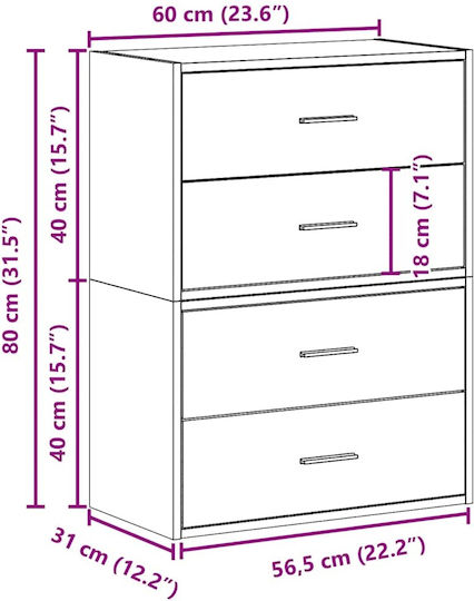 Wooden Chest of Drawers with 4 Drawers Coffee 60x31x60cm