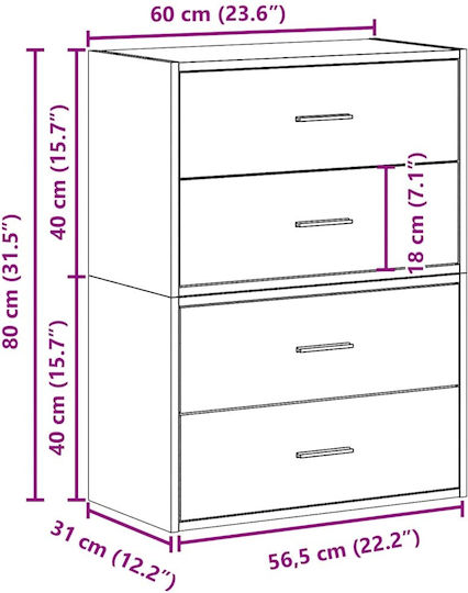 Wooden Chest of Drawers with 4 Drawers Sonoma Oak 60x31x60cm