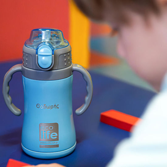 Ecolife Kids Water Bottle Thermos Stainless Steel with Straw Light Blue 300ml