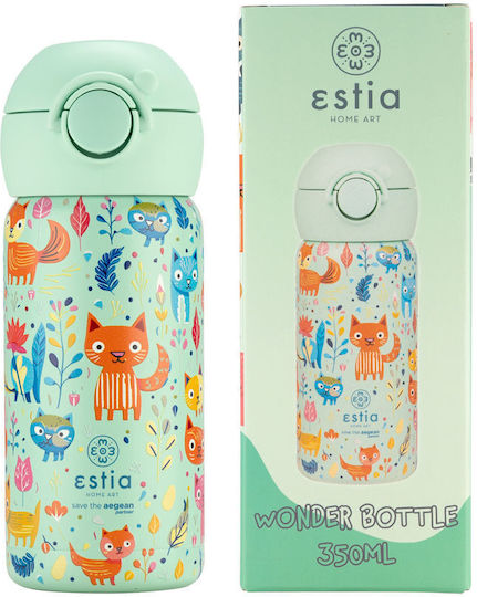 Estia Wonder Bottle Save the Aegean Kids Water Bottle Thermos Stainless Steel with Straw Non Spill Feline Foliage 350ml (Various Designs/Colours)