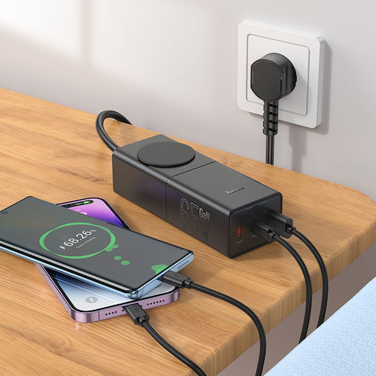 Hoco с USB-A порт и 2 USB-C порта 65W Power Delivery / Quick Charge 3.0 Черен (NS4)