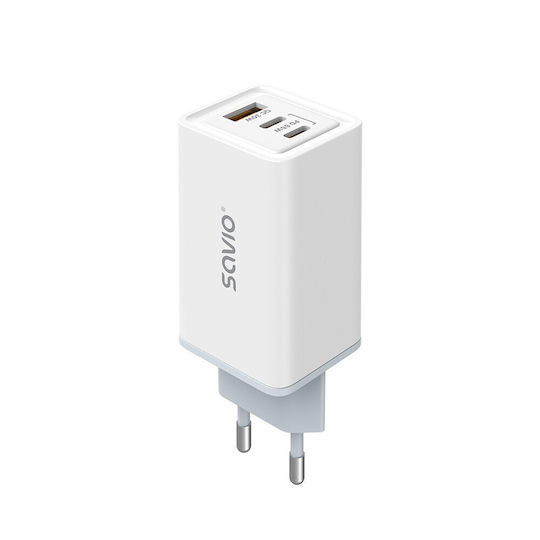 Savio GaN с USB-A порт и 2 USB-C порта и кабел USB-C 65W Power Delivery / Quick Charge 3.0 Бял (LA-07)