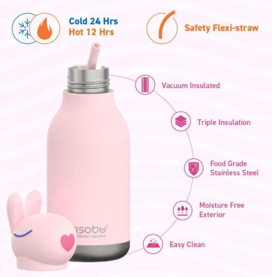 Asobu Bestie Kids Water Bottle Thermos Stainless Steel with Straw Bunny 460ml