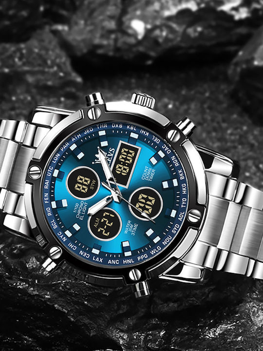 Olevs Men's Watch 48mm Chronograph Battery with Silver Metal Bracelet