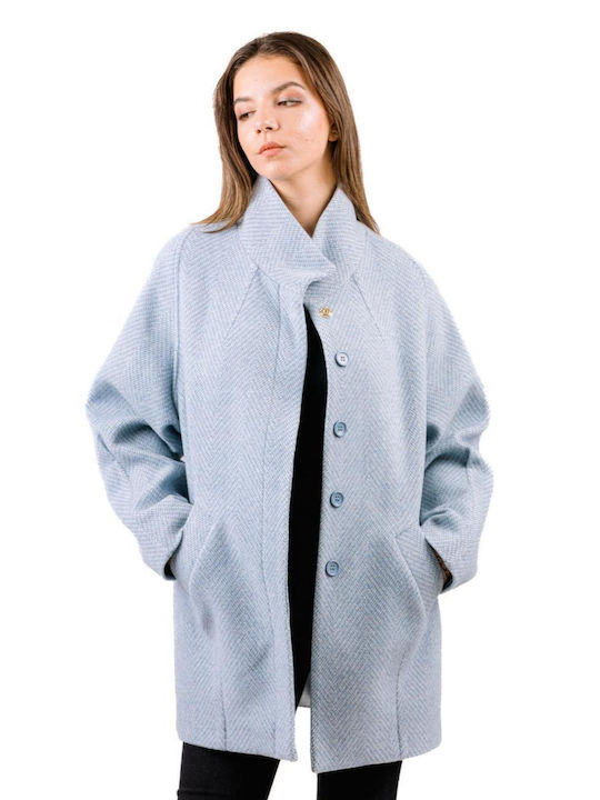 Forel Women's Wool Short Half Coat with Buttons Sky Blue