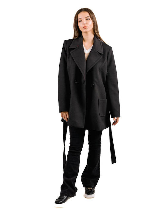 Forel Women's Short Half Coat with Belt black