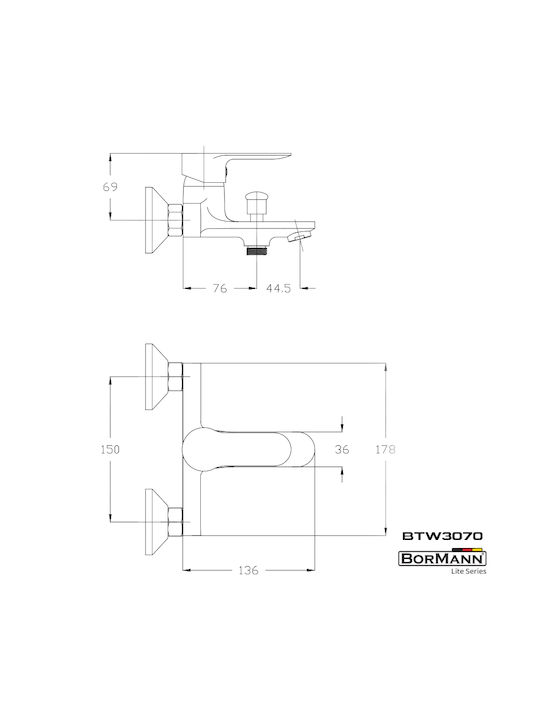 Bormann Elite Sierra BTW3070 Mixing Bathtub Shower Faucet Silver