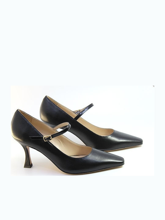 Leather Black High Heels with Strap