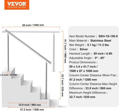 Vevor Κουπαστές 150cm Εξωτερικές Σκάλες Ηλικιωμένους Bxgslzfs150cee3y3v0