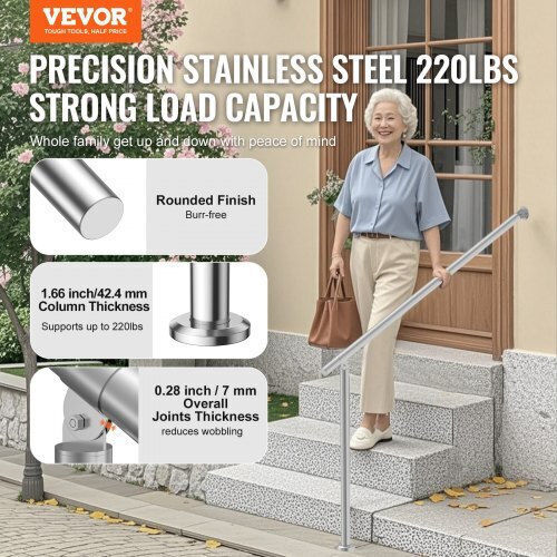 Vevor Stainless Steel Handrails 120cm Outdoor Steps 47.3in Bxgdlzfs120cr5f2iv0