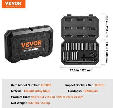 Vevor Καρυδάκια Αέρος Εξάγωνα με Καρέ Υποδοχής 3/8" Σετ 18τμχ