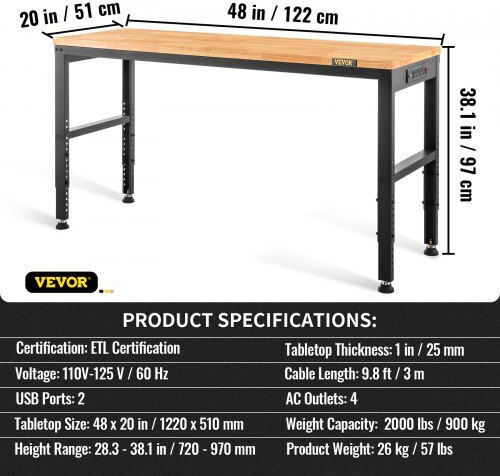 Регулируема работна маса Vevor 48"x20" Outlet Ldsgztsm4820v400pv2