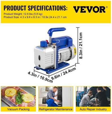 Vevor Electric Vacuum Pump 1.8 CFM 1-4 HP ZKB ZJ 1V2