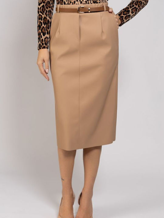 Leather Midi Skirt Beige