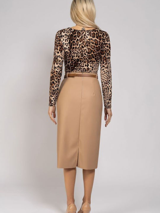 Leather Midi Skirt Beige