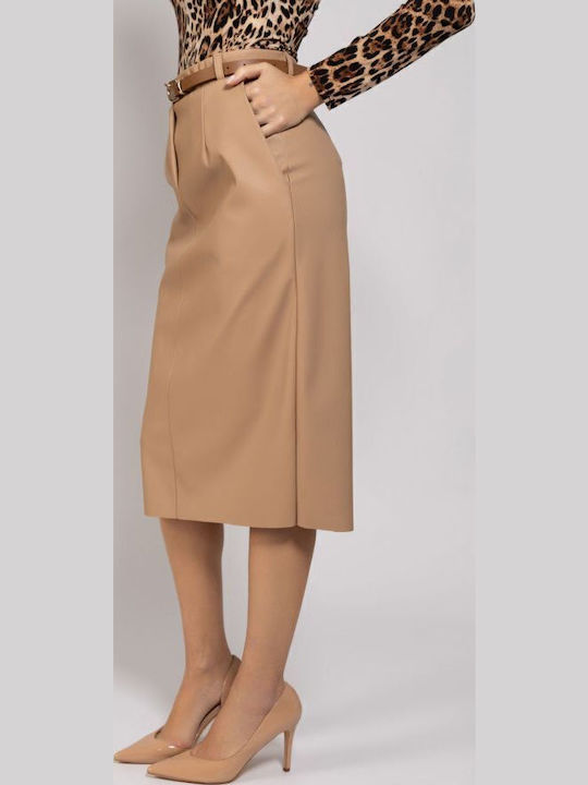 Leather Midi Skirt Beige