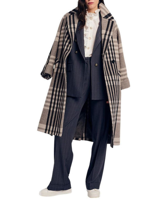 Wool Women's Checked Grey Checkered Coat with Buttons