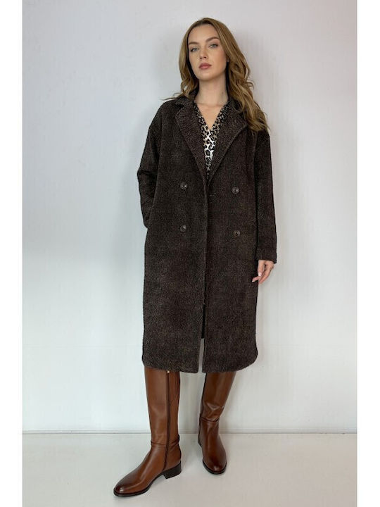 Women's Brown Peacoat with Buttons