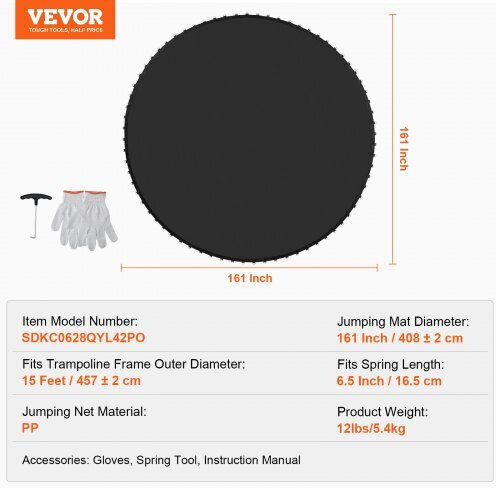 Vevor Trampoline Replacement Mat Frame 15ft 96 V-rings Springs 6.5" Yxbctd15yc96wj2g2v0