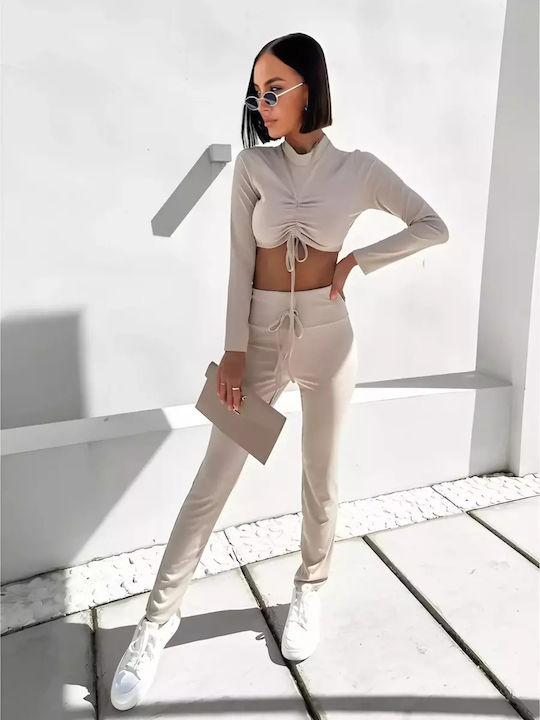 Women's Beige Set with High-waisted Pants with Elastic