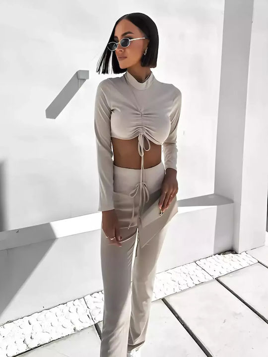 Women's Beige Set with High-waisted Pants with Elastic