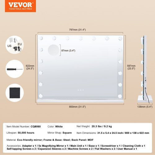 Vevor Καθρέπτης Μακιγιάζ Επιτραπέζιος με Φως 59.944x59.944cm Λευκός