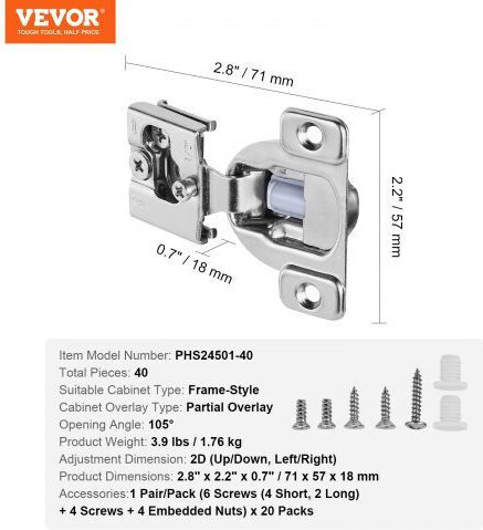 Vevor Pack of 40 Cabinet Hinges Partial Overlay Soft Close Framed Type Mscjjl40jkjsi99cuv0