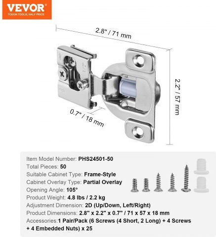Vevor Pack of 50 Cabinet Hinges Partial Overlay Soft Close Framed Type Mscjjl50jkjsbom9xv0