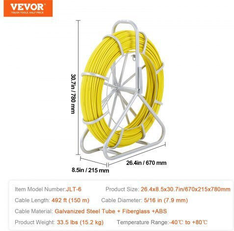 Vevor Ταινία Ψαρέματος Fiberglass 150m 8mm Μεταλλική Βάση 3 Κεφαλές Μη Αγωγική Dzjyd516492ft7wctv0