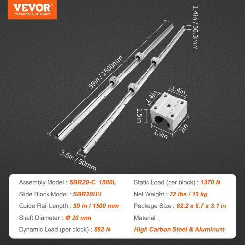 Vevor Σετ Οδηγών Sbr20 1500mm 2 Ράγες & 4 Οδηγοί Sbr20uu Cnc Μηχανές Zxdgsbr20mm15wnlnv0