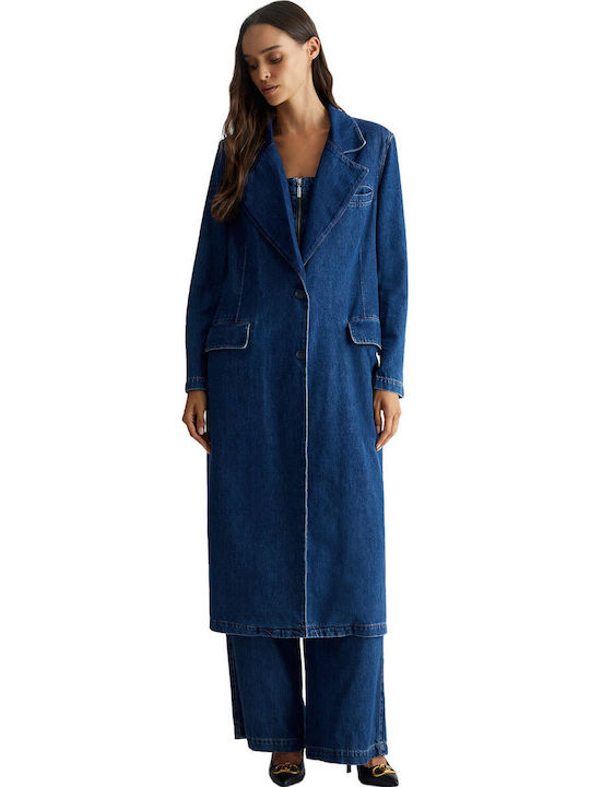 Γυναικείο Denim Blue Παλτό με Κουμπιά